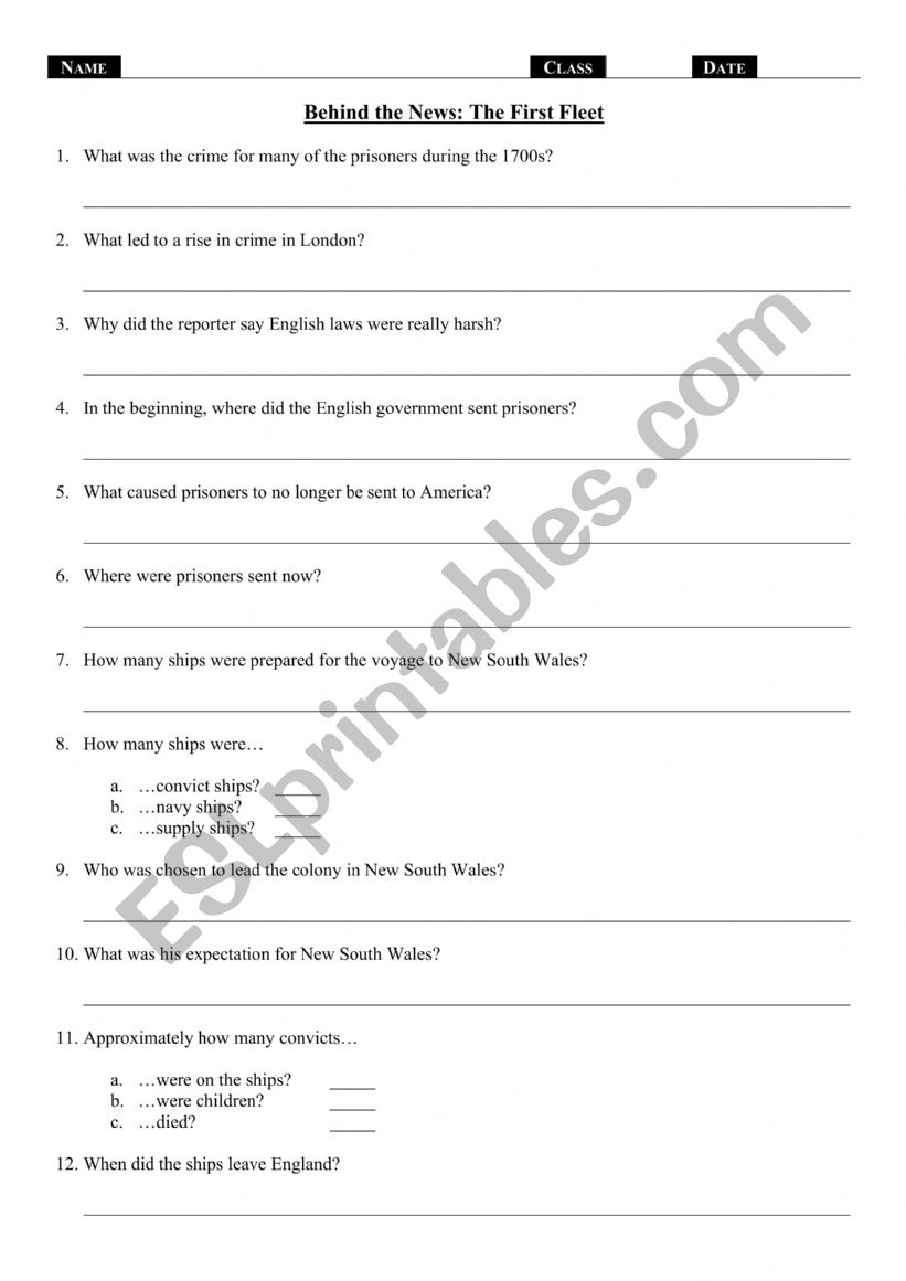 First Fleet BTN Questions worksheet