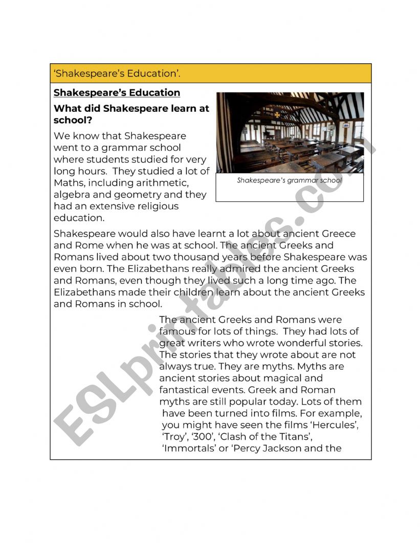 SHAKESPEARE�S EDUCATION worksheet