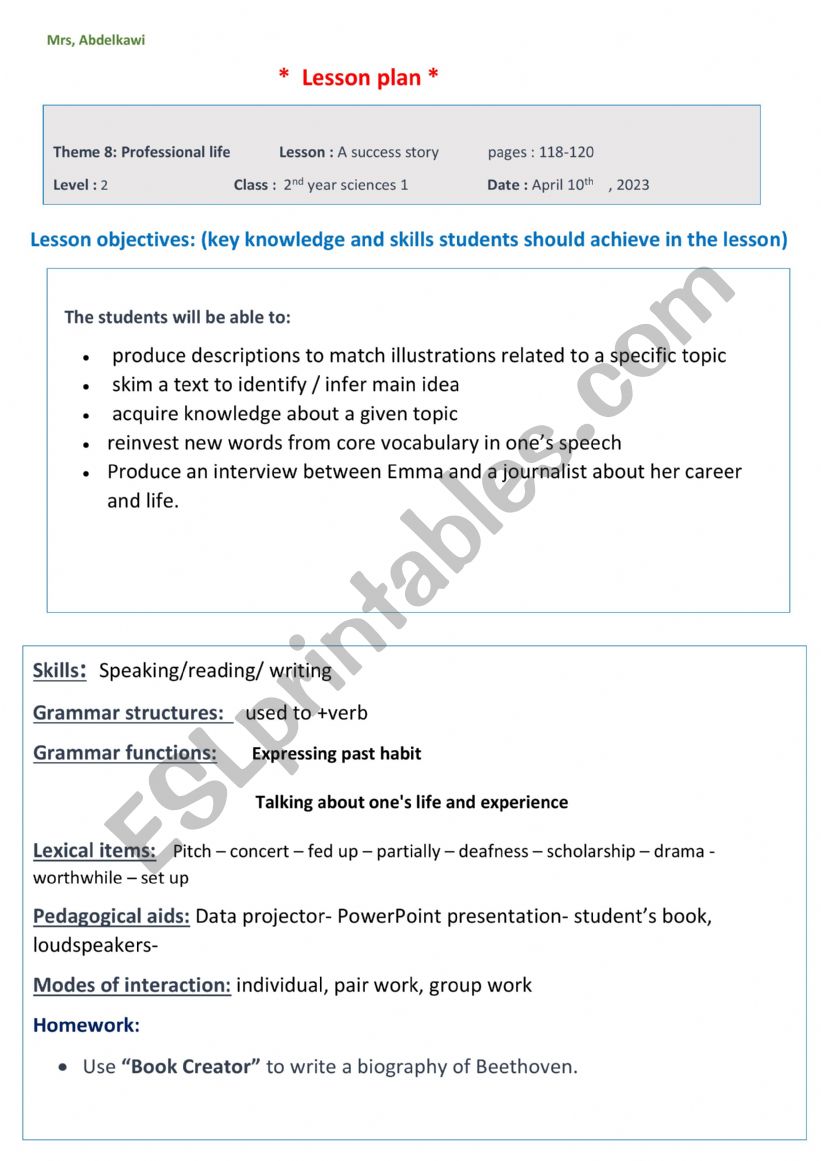 A success story lesson plan worksheet