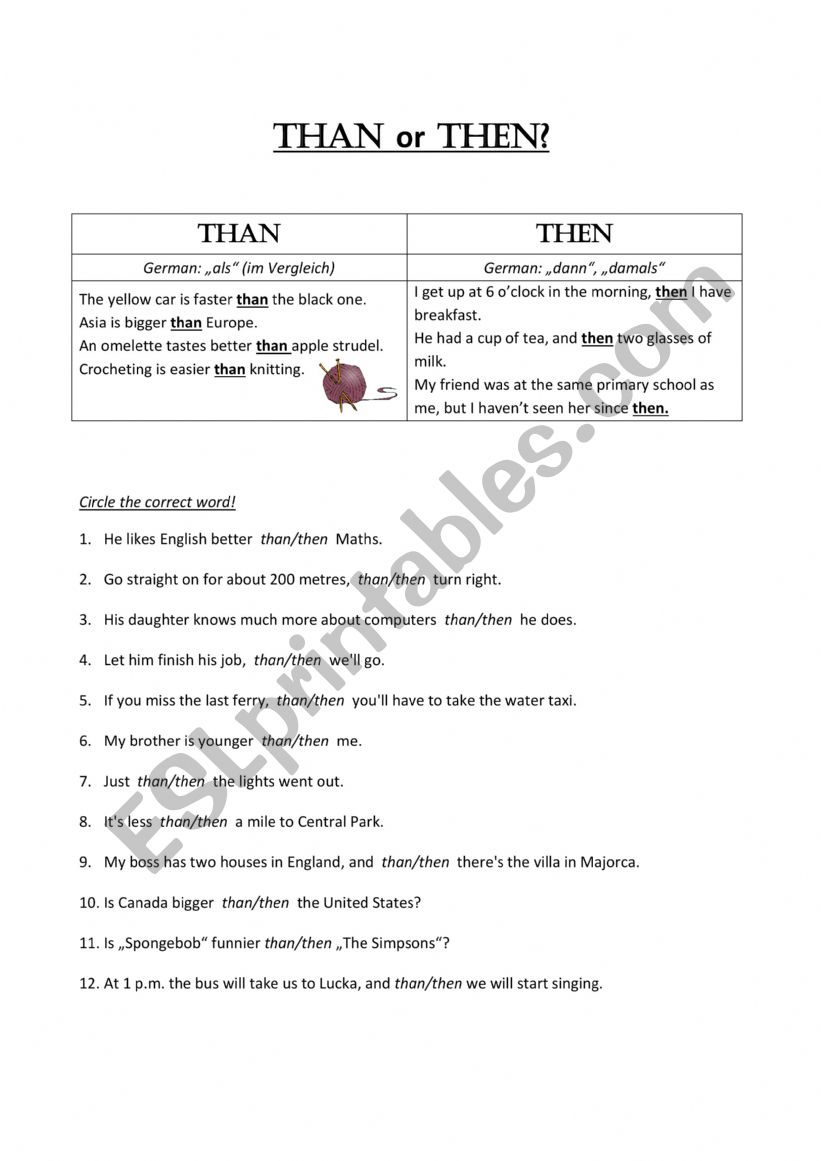 then or than  worksheet