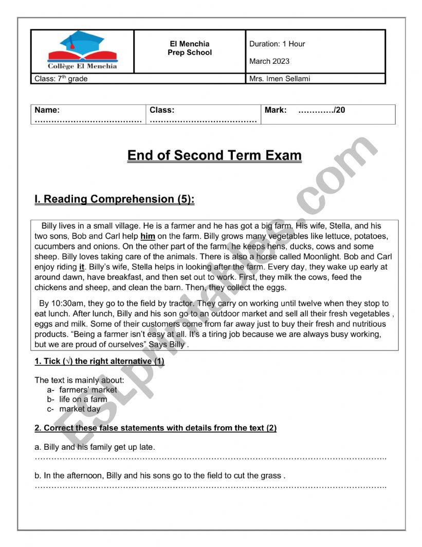 second term exam worksheet