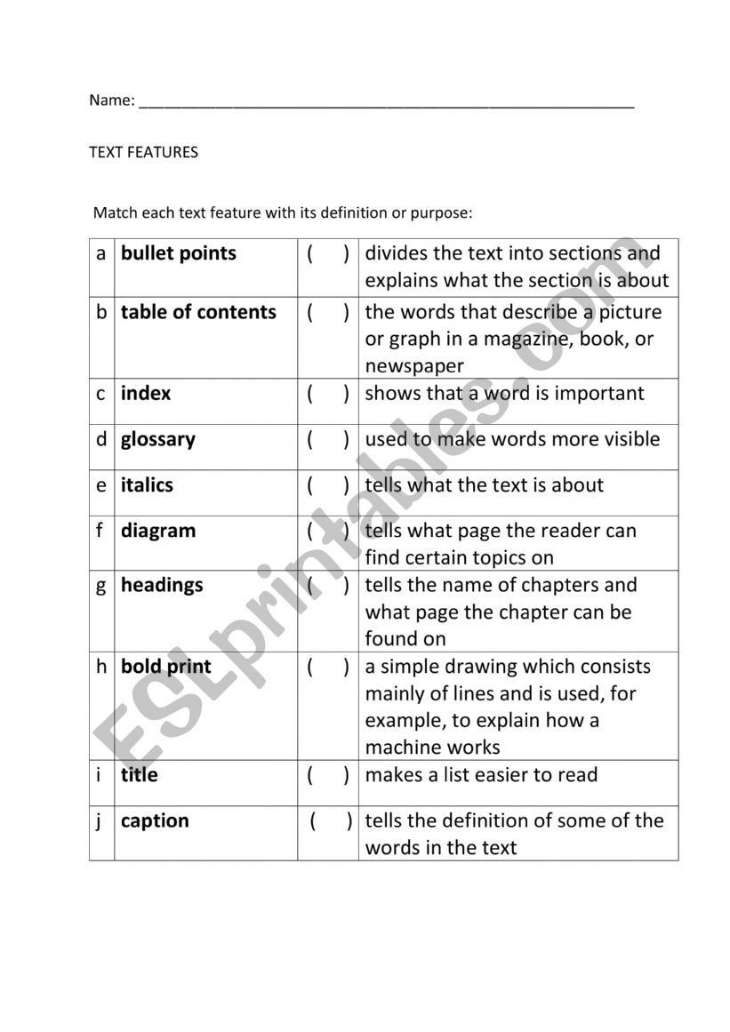 Text features worksheet