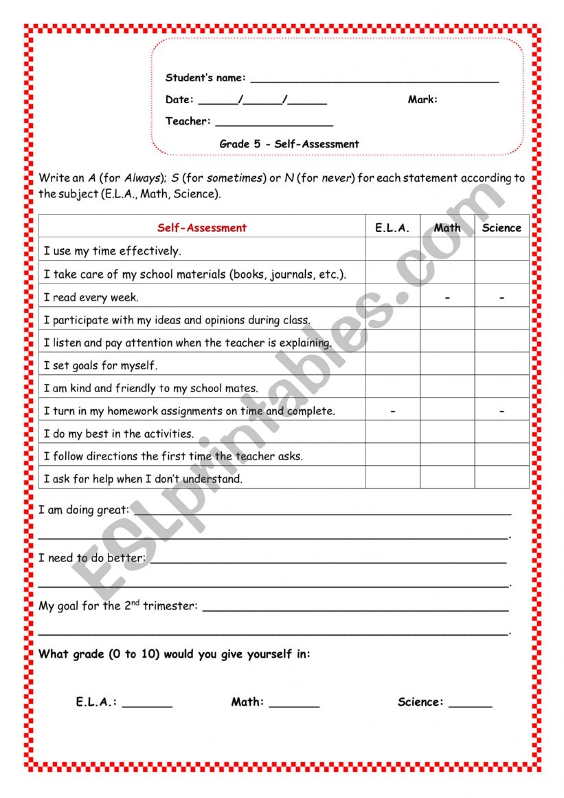 Self-assessment worksheet