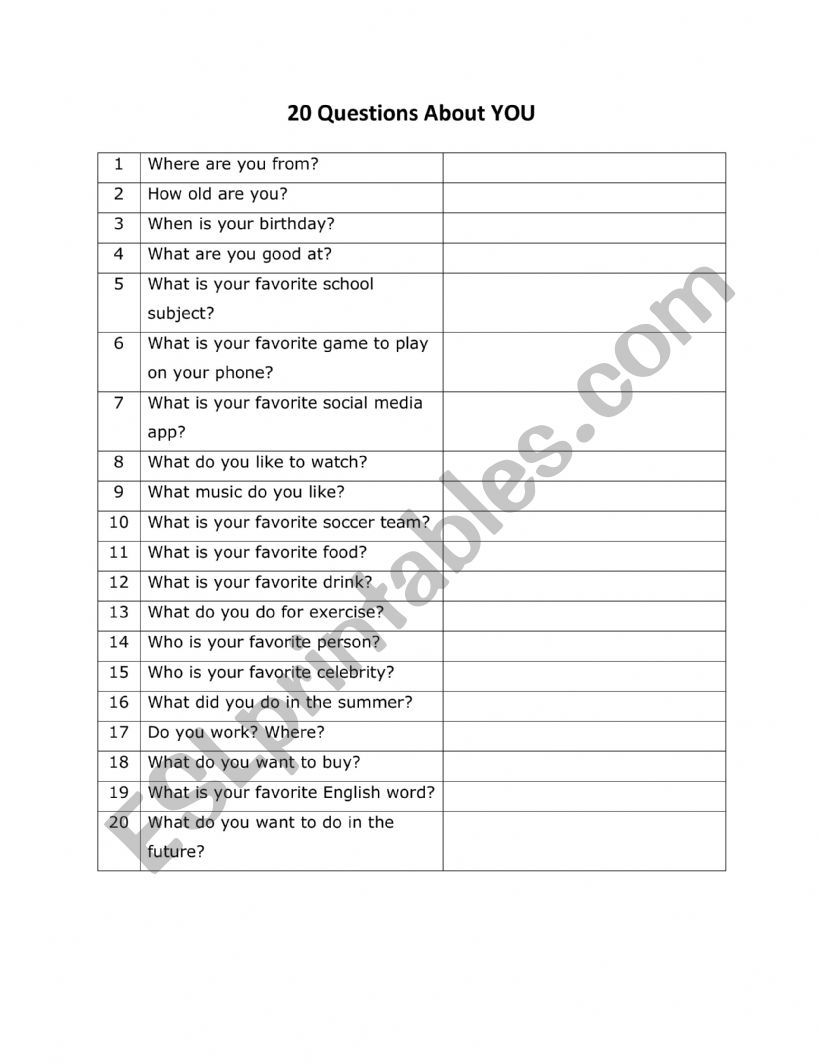 20 Questions About You worksheet