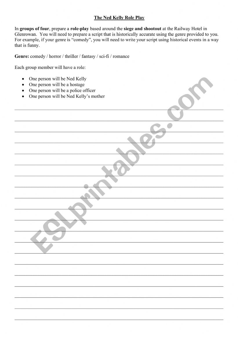 Ned Kelly role play worksheet