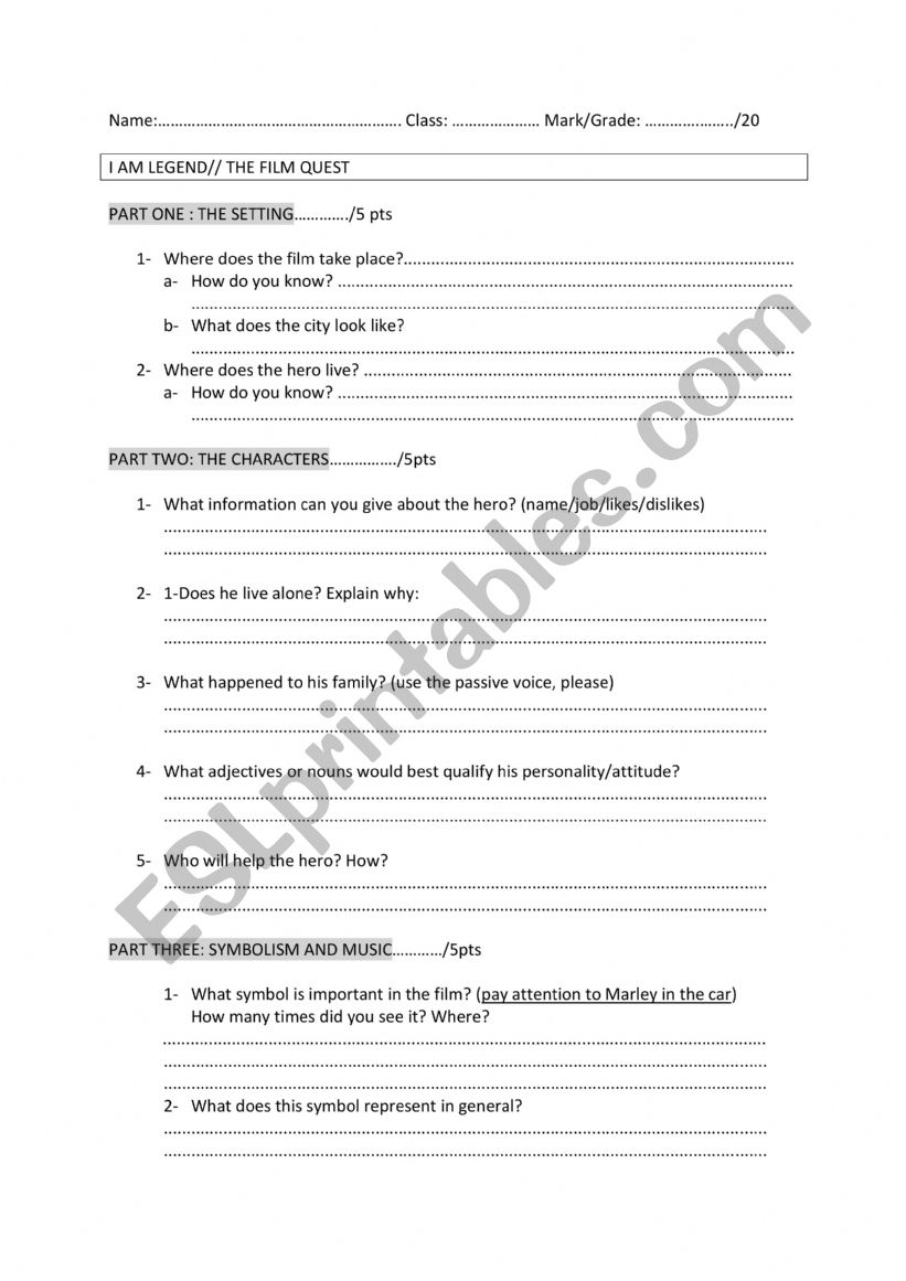 I am Legend film quest worksheet