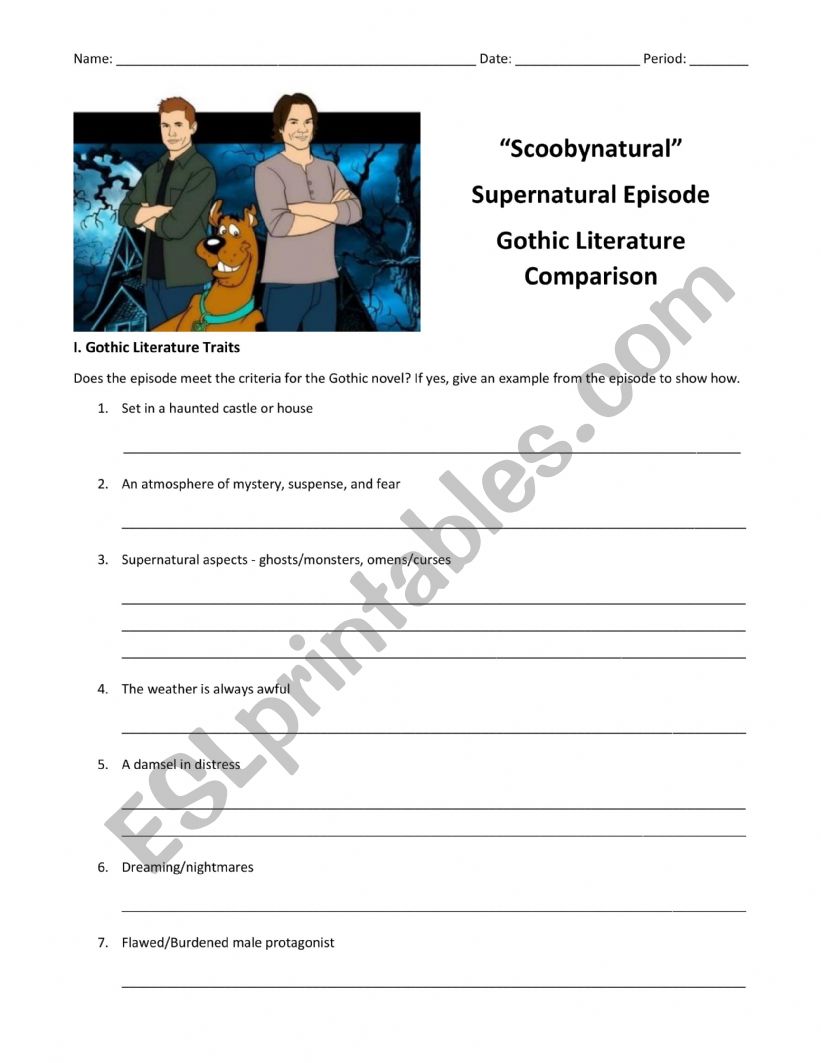 Scoobynatural Gothic Lit Comparison Worksheet