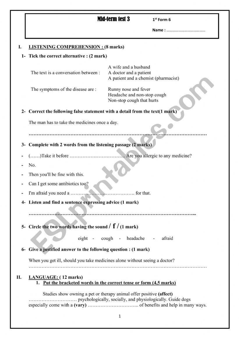 mid-term test 3 1st Form worksheet