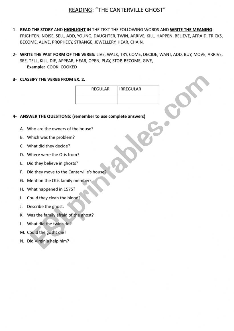 THE CANTERVILLE GHOST worksheet