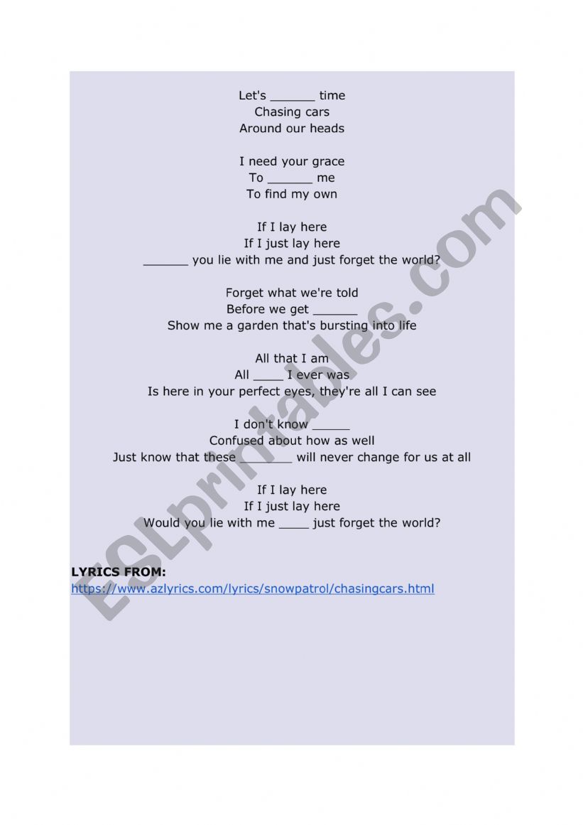 Snow Patrol Chasing Cars ESL worksheet by gabi1986