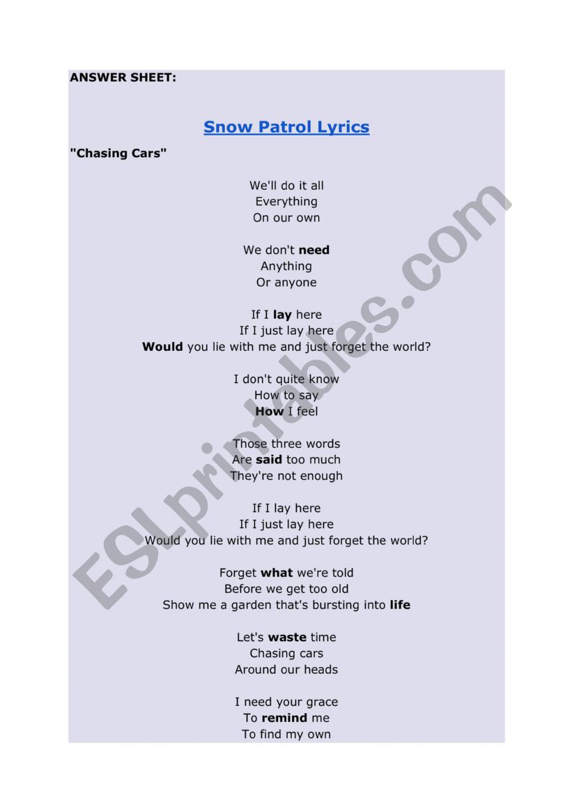 Snow Patrol Chasing Cars ESL worksheet by gabi1986