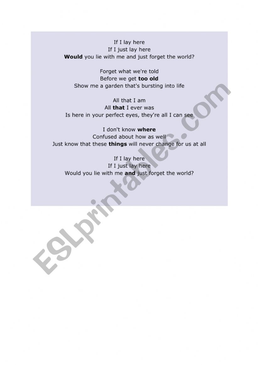 Snow Patrol Chasing Cars ESL worksheet by gabi1986