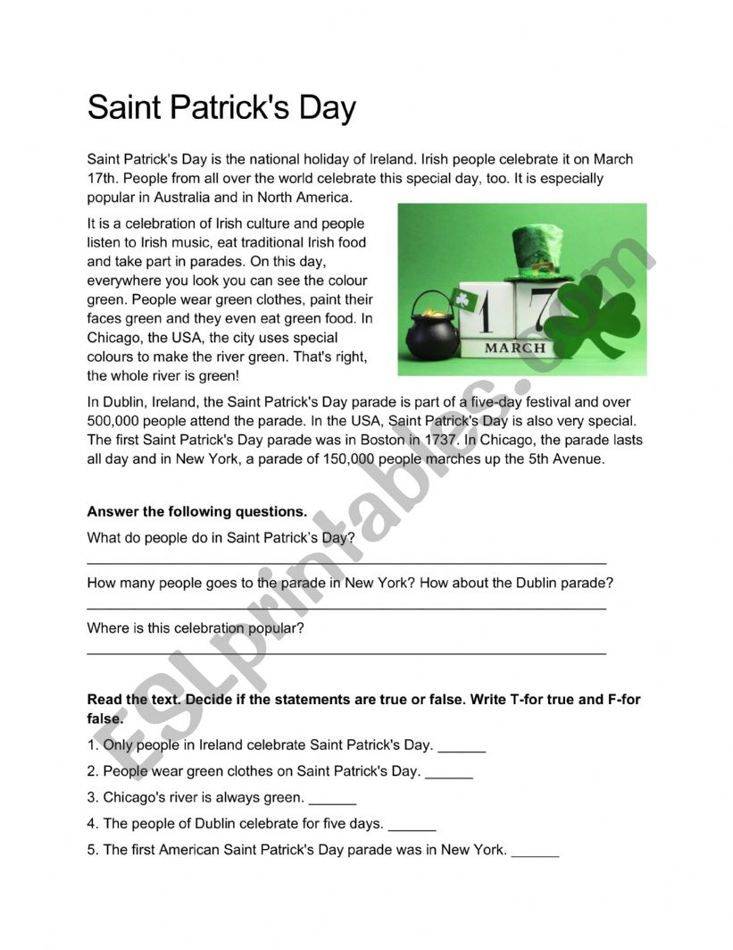 Saint Patrick�s Day worksheet
