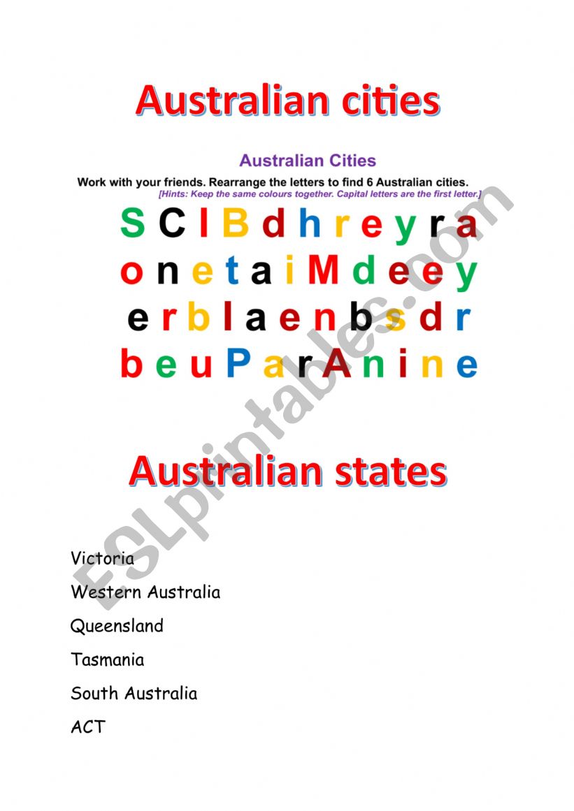 Australian Cities worksheet