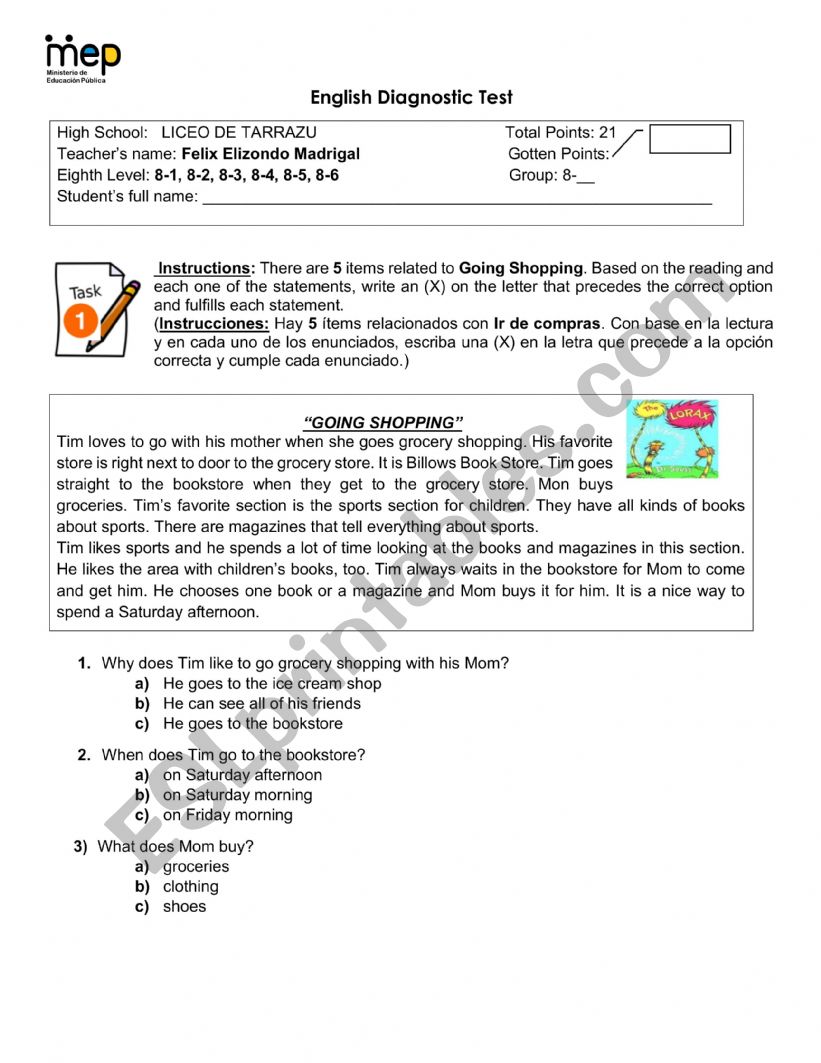 DIAGNOSTIC 8TH GRADE worksheet