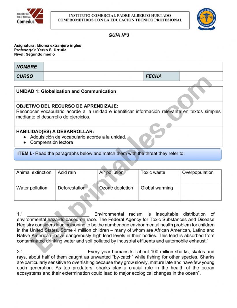 Global issues worksheet