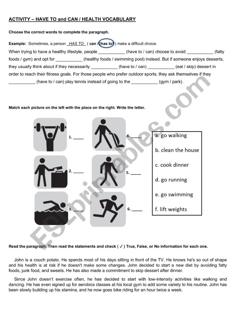 Exercises have to x can & Healthy Lifestyle vocabulary