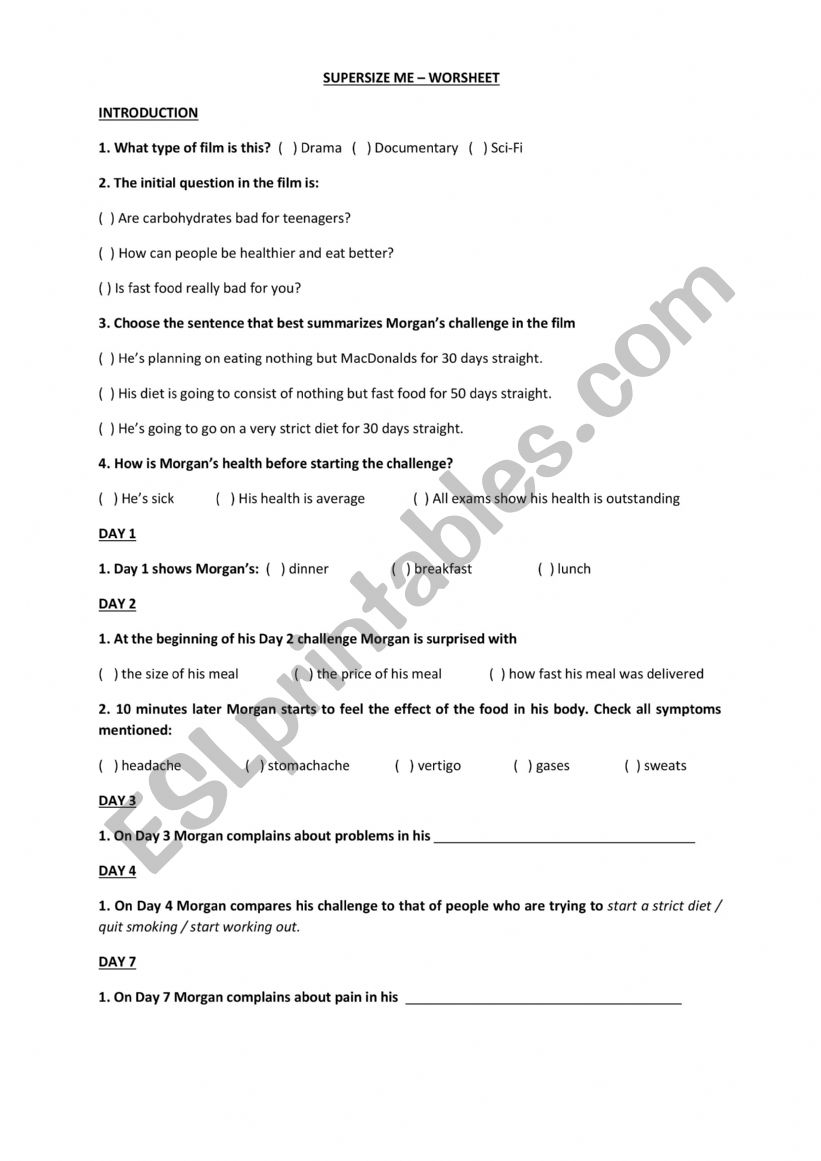 Super Size Me ESL Activity  worksheet