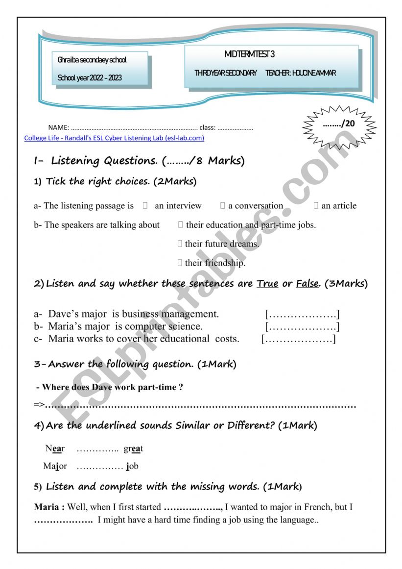 third year mid term test 3 worksheet