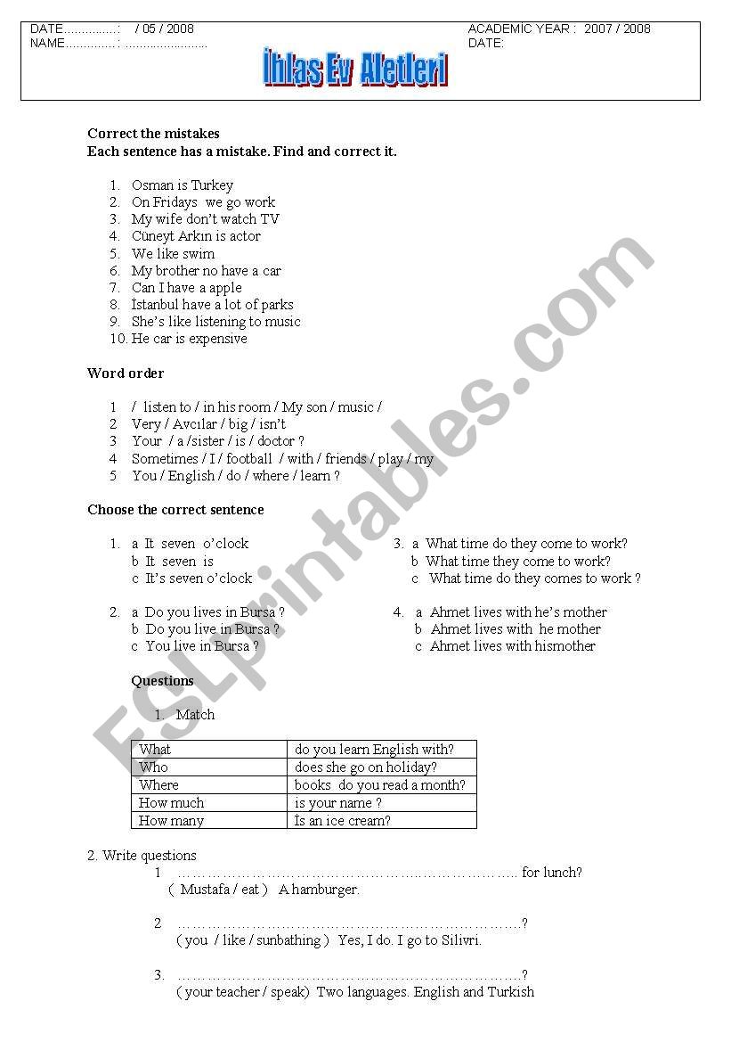 headway1 exam worksheet