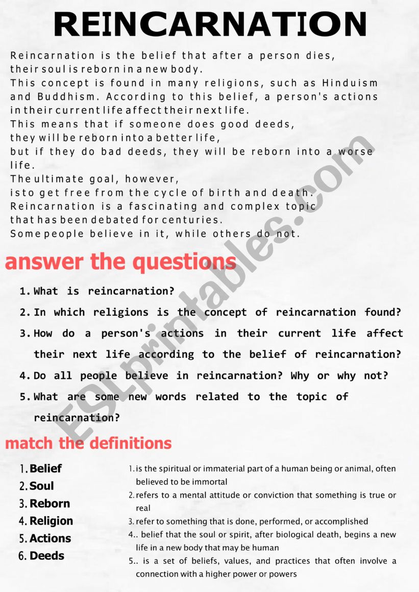 reincarnation worksheet