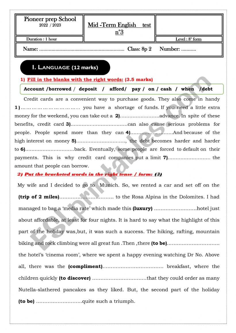 Mid- Term Pioneer Prep School Test N°3 (8th Form) - ESL Worksheet By ...