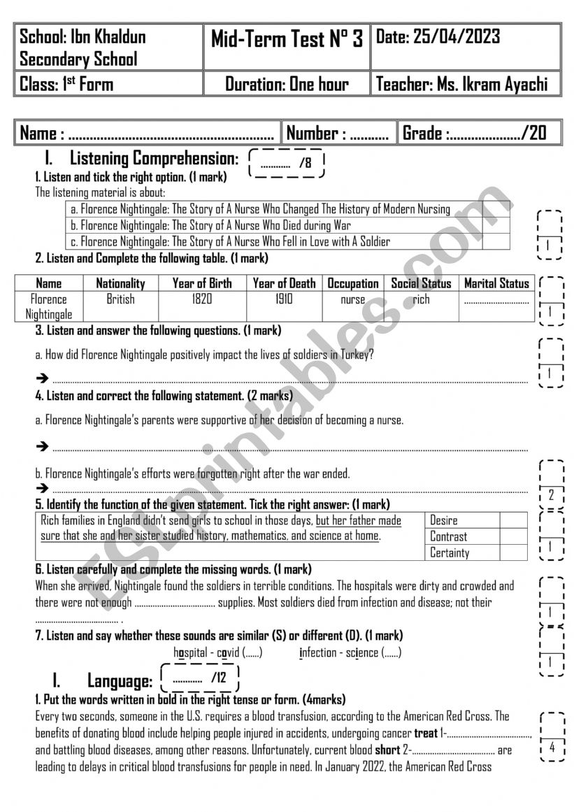 1st Form - Mid-Term Test n 3 worksheet