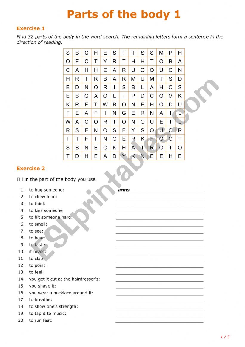 Body I worksheet