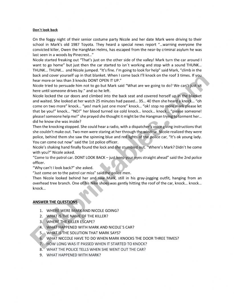 DONT LOOK BACK STORY worksheet