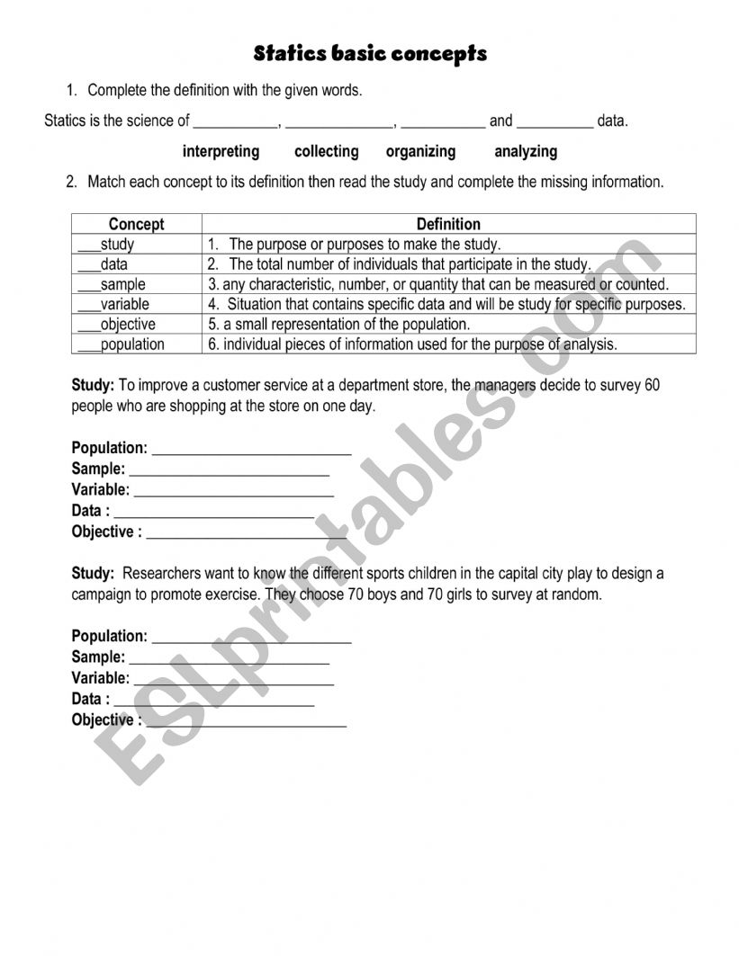 statics Basic concepts worksheet