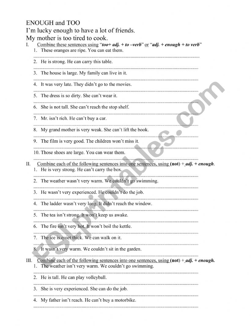Enough and too excercise worksheet