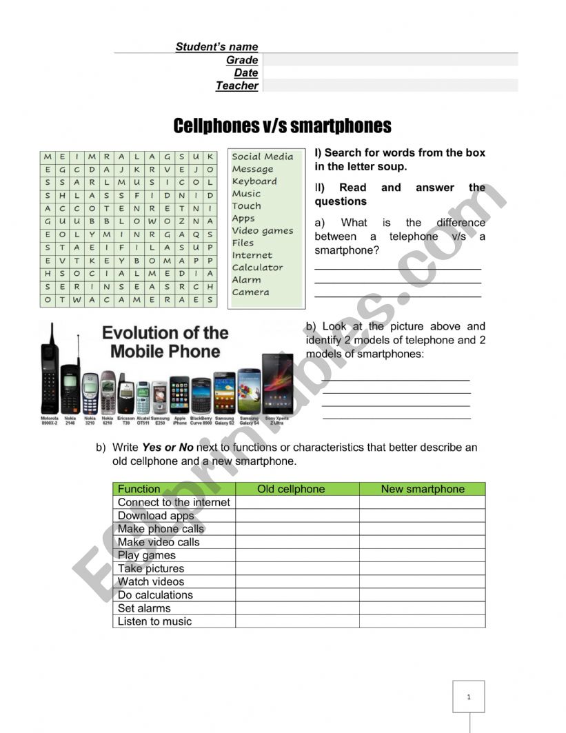 Cellphones v/s smartphones worksheet