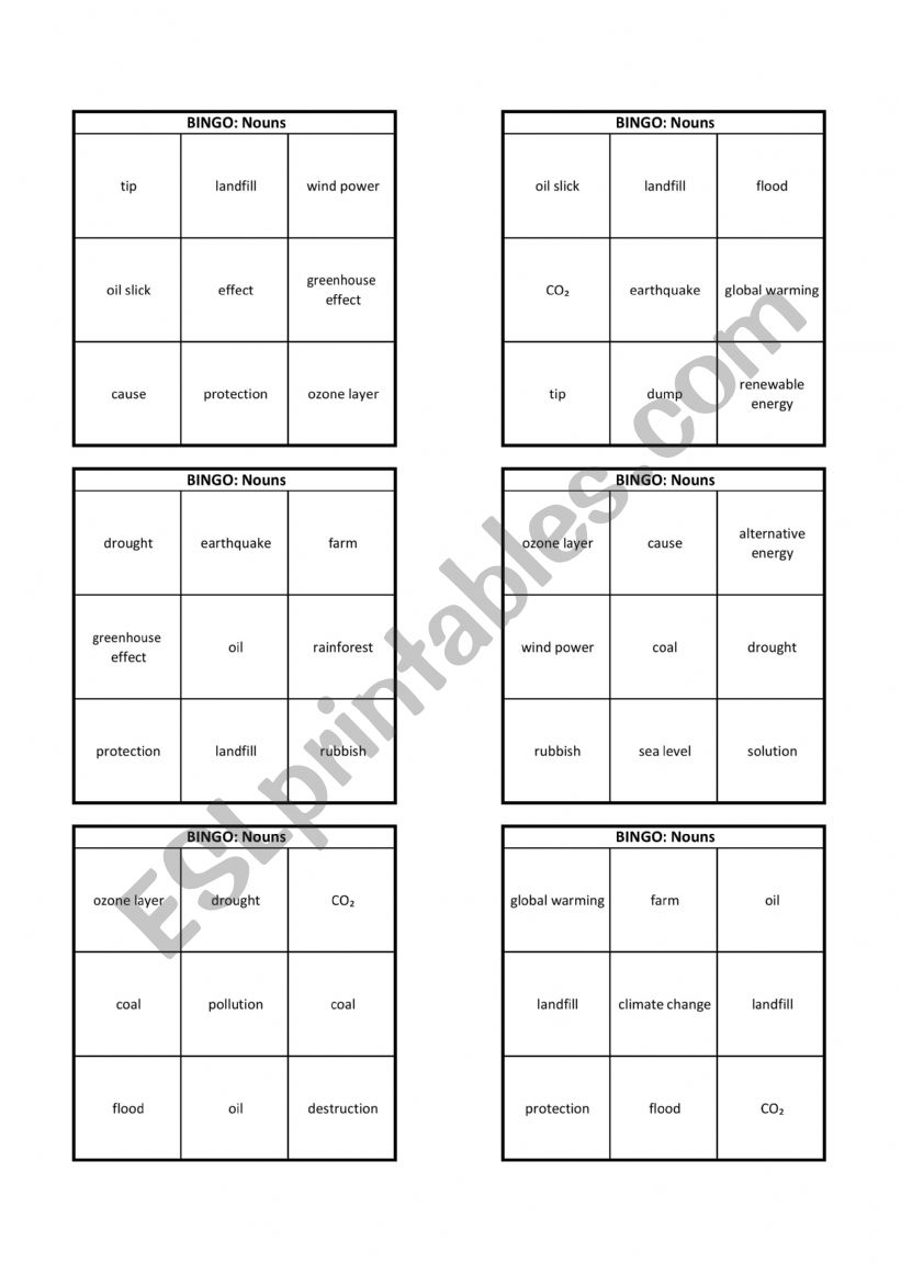 ENVIRONMENT Bingo (nouns) worksheet