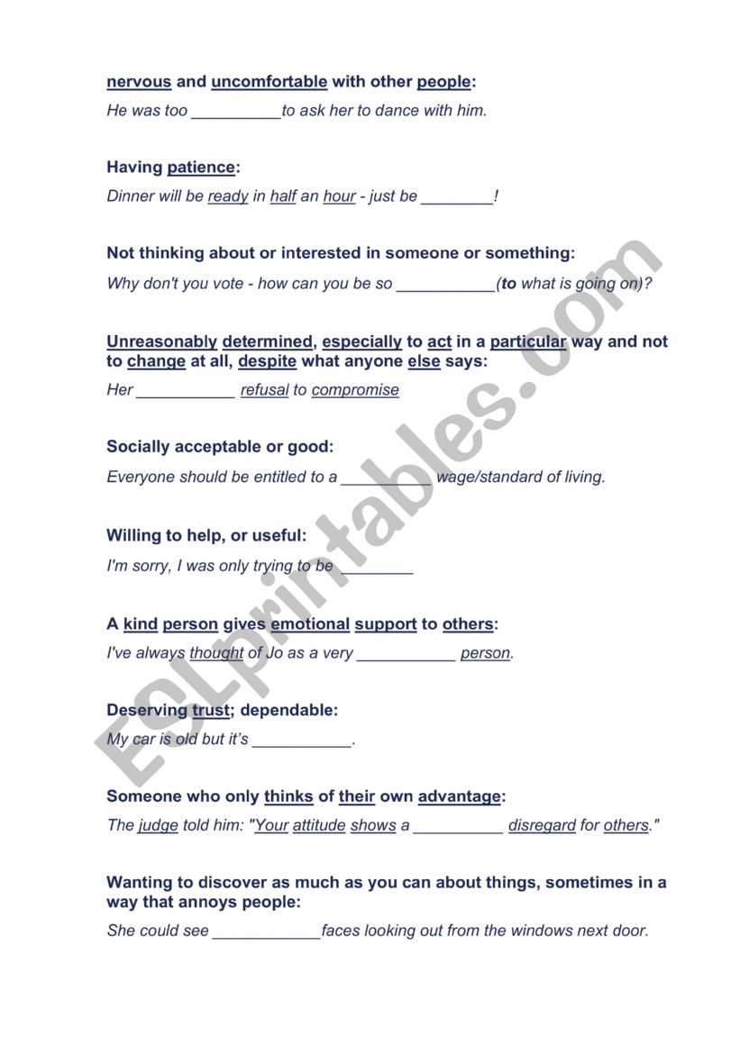 Traits of character worksheet