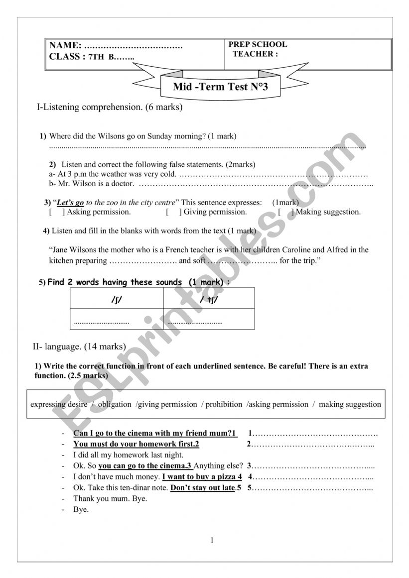 7th mid-term test 3 worksheet