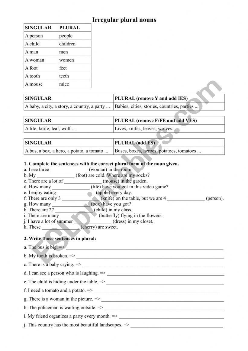 Irregular plural nouns worksheet