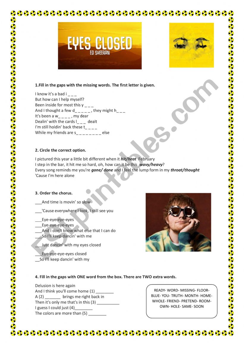 Eyes closed by Ed sheeran ESL worksheet by miriammart33