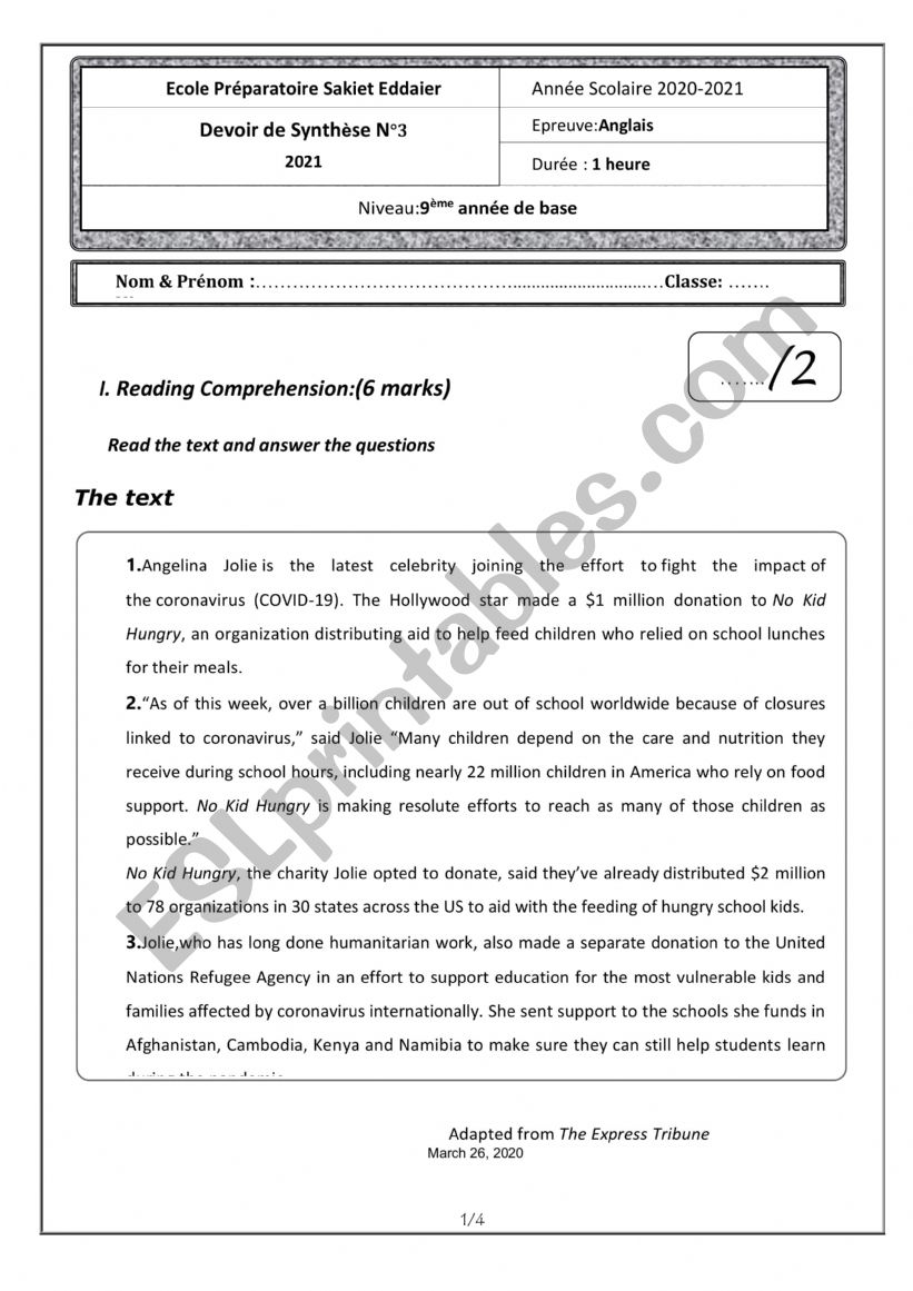 end of term test 3 9th form worksheet