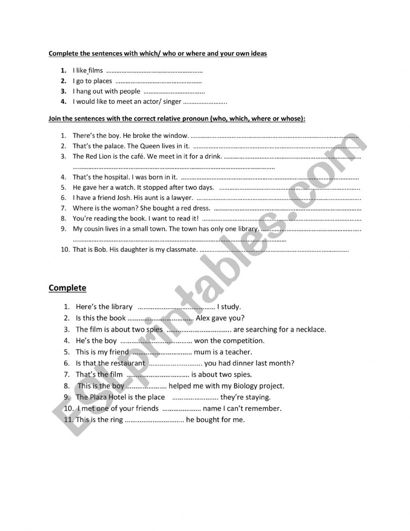 Relative pronouns worksheet