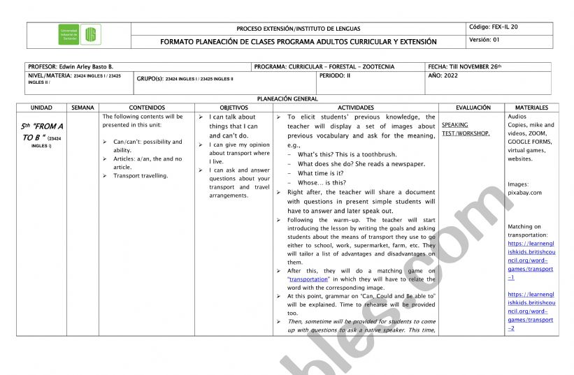 PLANNING LESSON worksheet