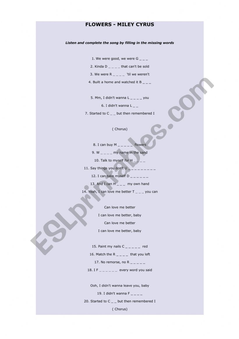 SONG WORKSHEET 1 - FLOWERS MILEY CYRUS