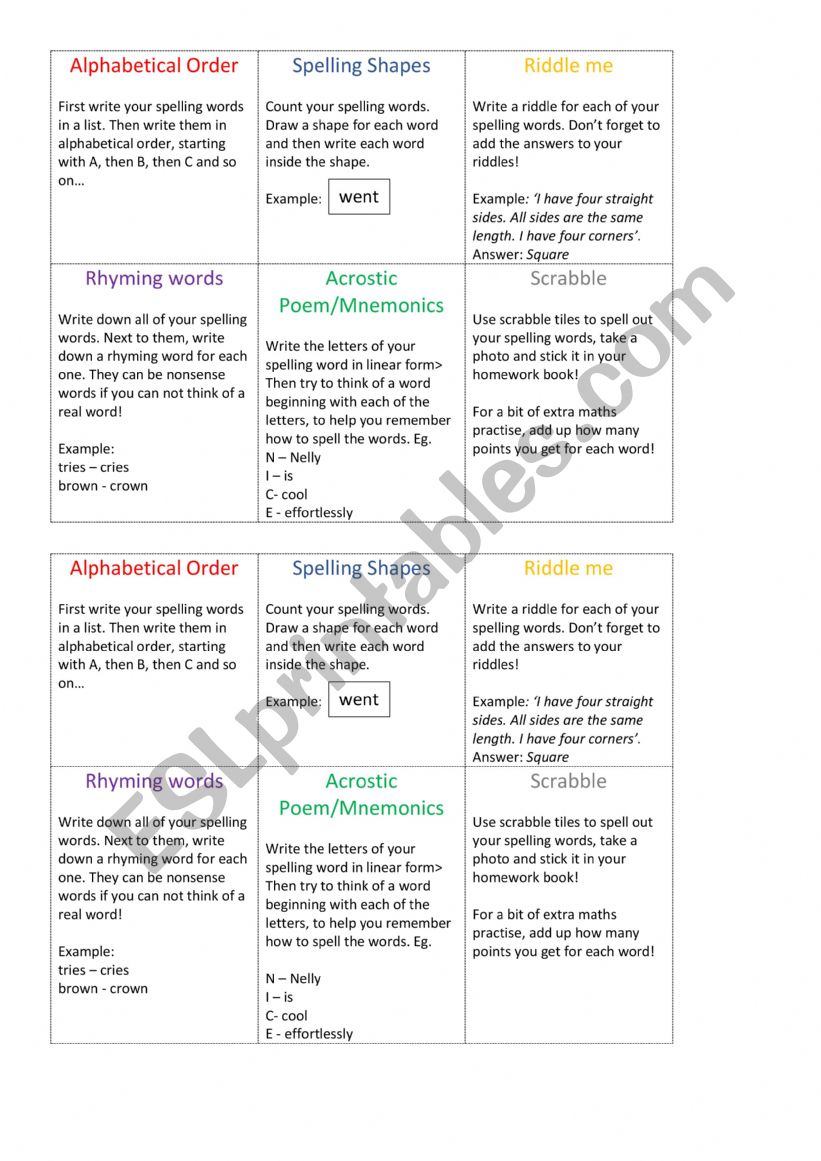 Spelling tasks worksheet