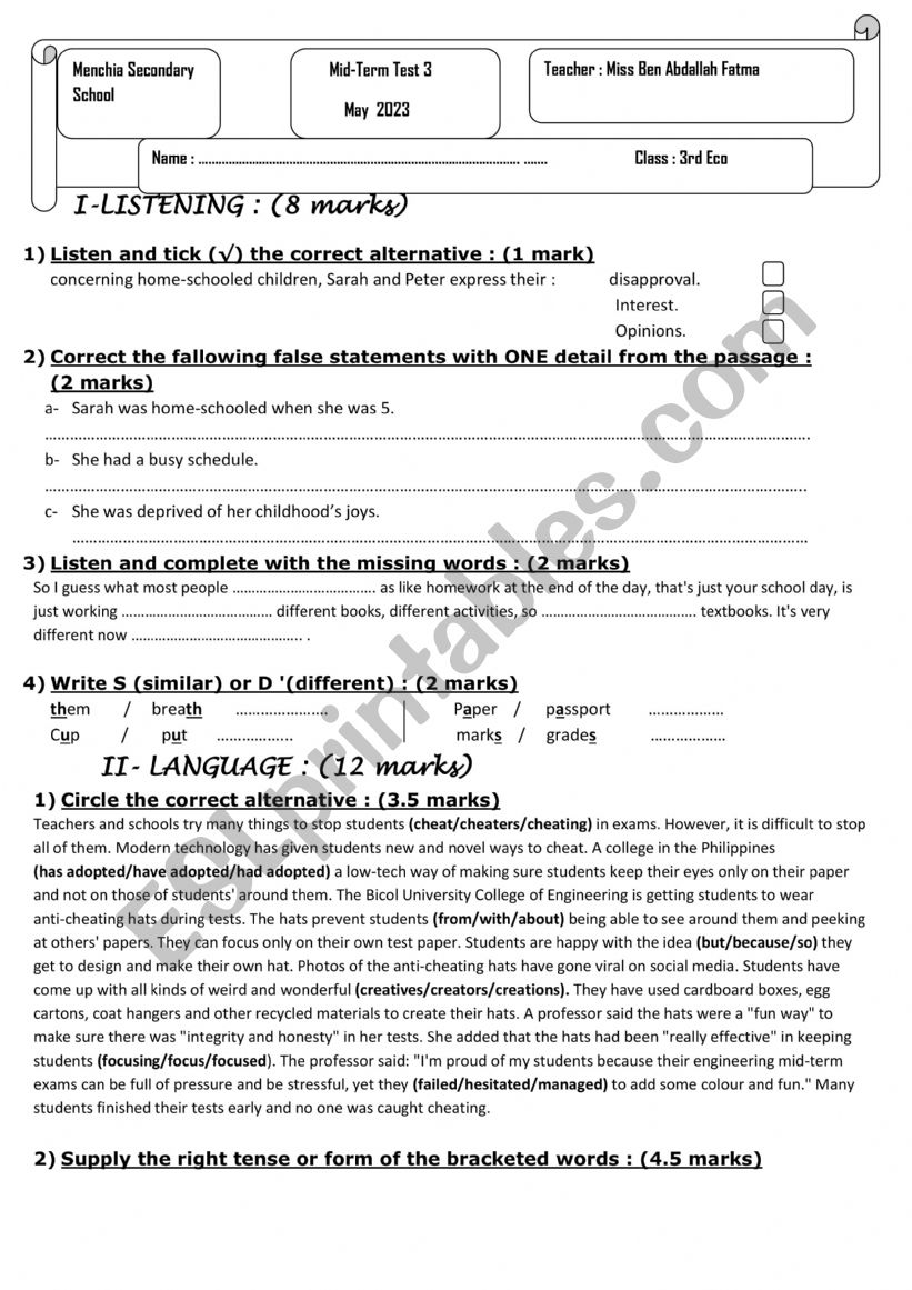 Mid Term Test 3 - ESL Worksheet By Gearge