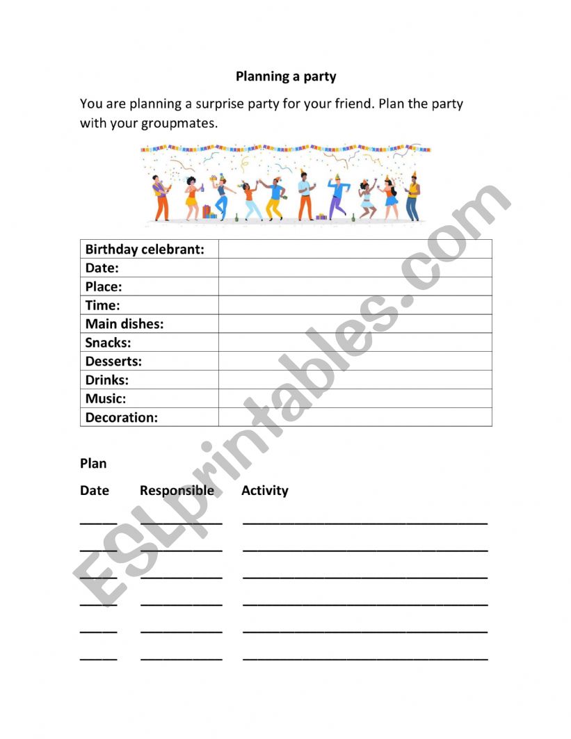 Plan a Party worksheet