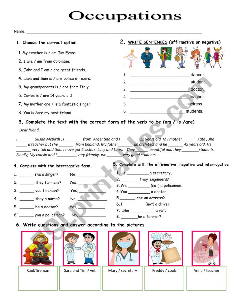 Occupations worksheet