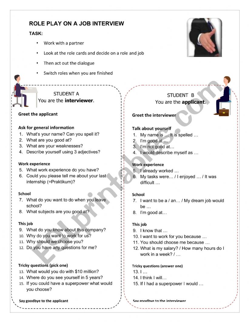 role play ï¿½job interviewï¿½ - ESL worksheet by laura.jakob