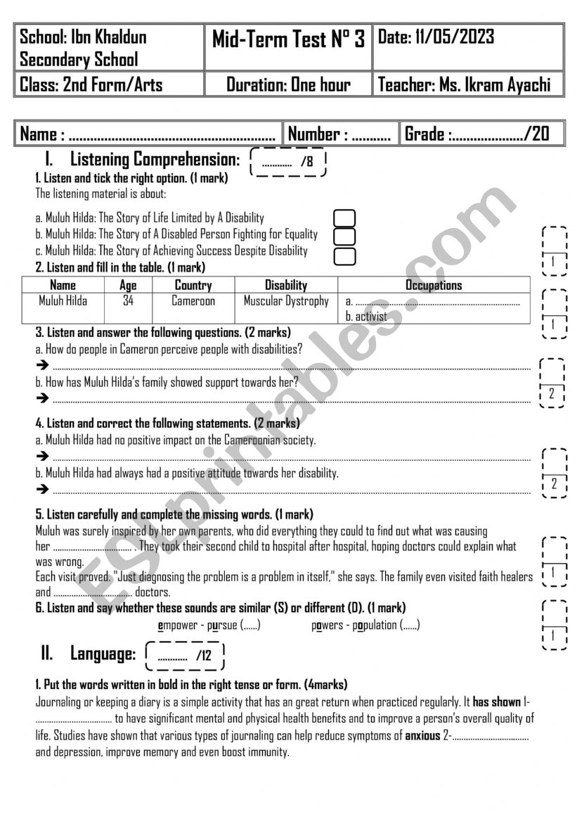 2nd Form - Arts - Mid-Term Test n 3