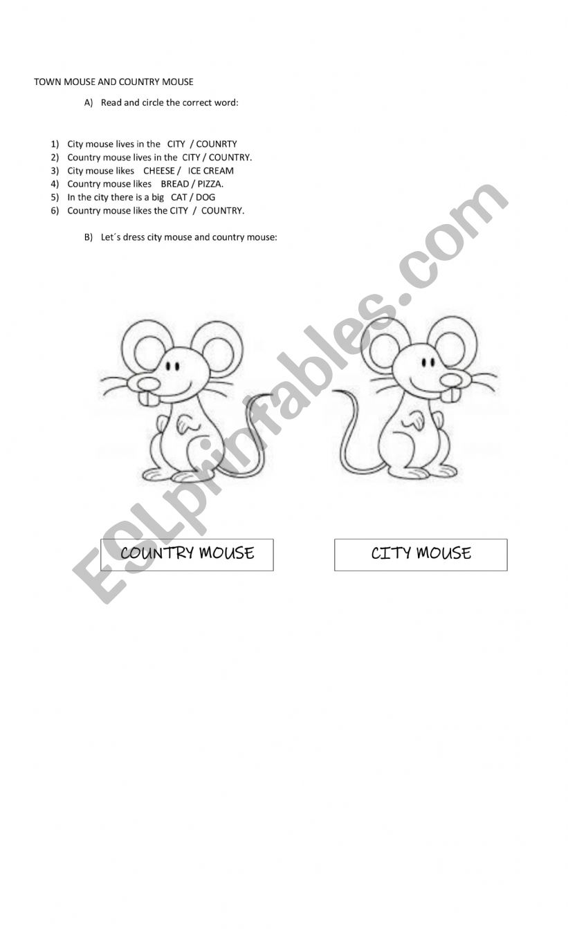 Town Mouse and Country Mouse worksheet