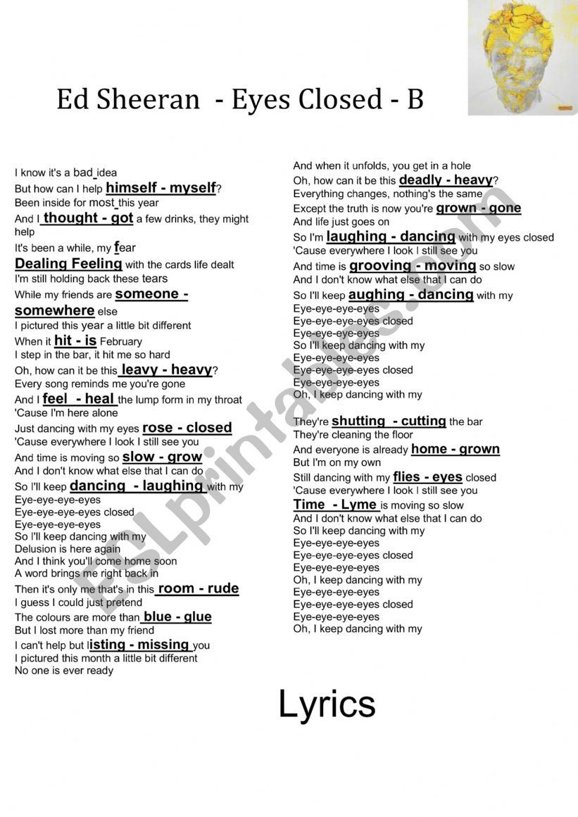 Ed Sheeran Eyes Closed ESL worksheet by psrates