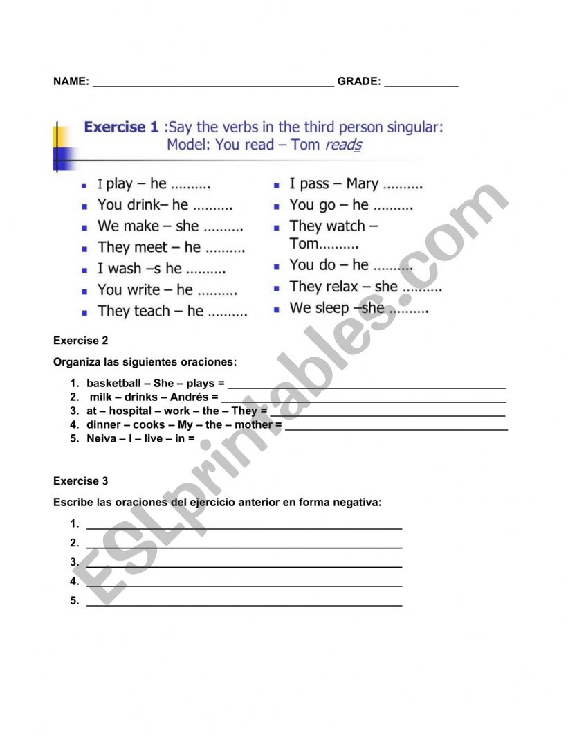 third person rules worksheet